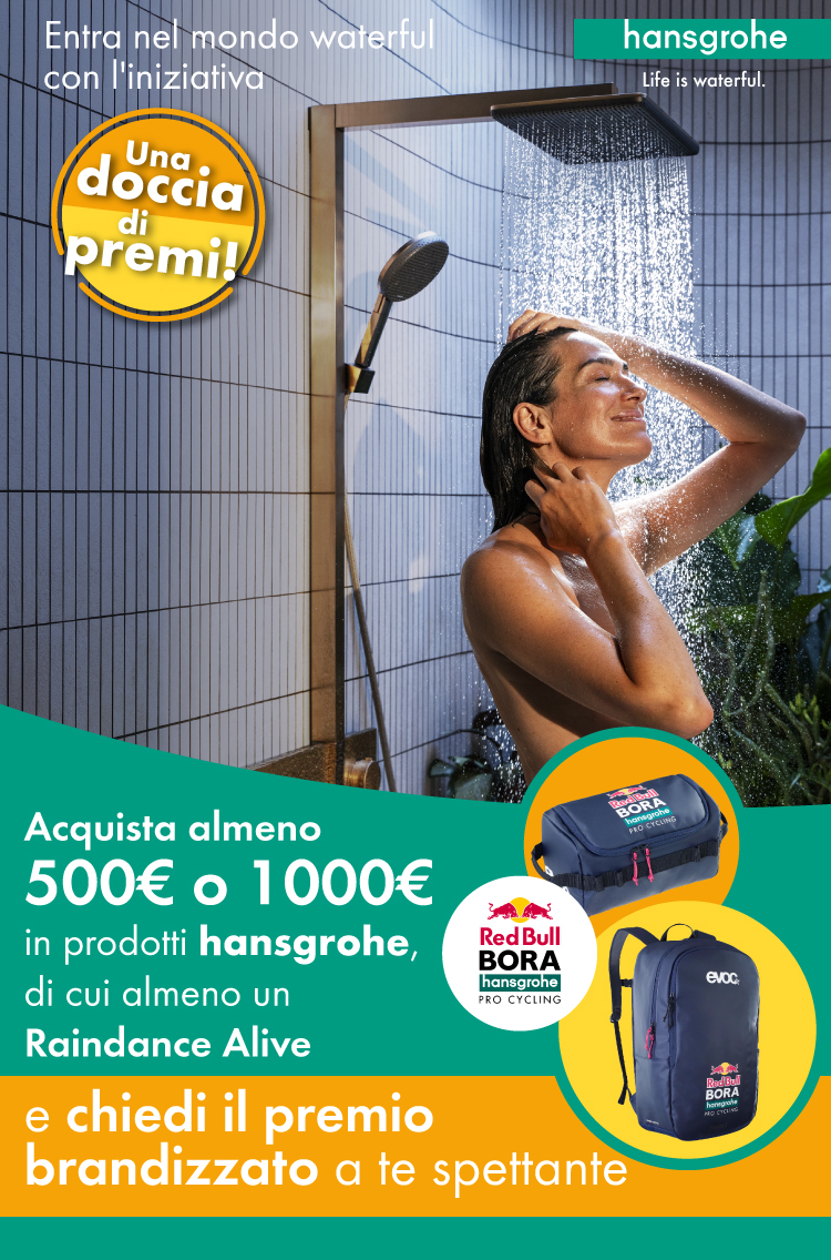 Immagine desktop col titolo della dell' operazione a premi Una doccia di premi. Con l'acquisto di 500€ o 1000€ di prodotti hansgrohe di cui almeno un Raindance Alive puoi richiedere un premio brandizzato